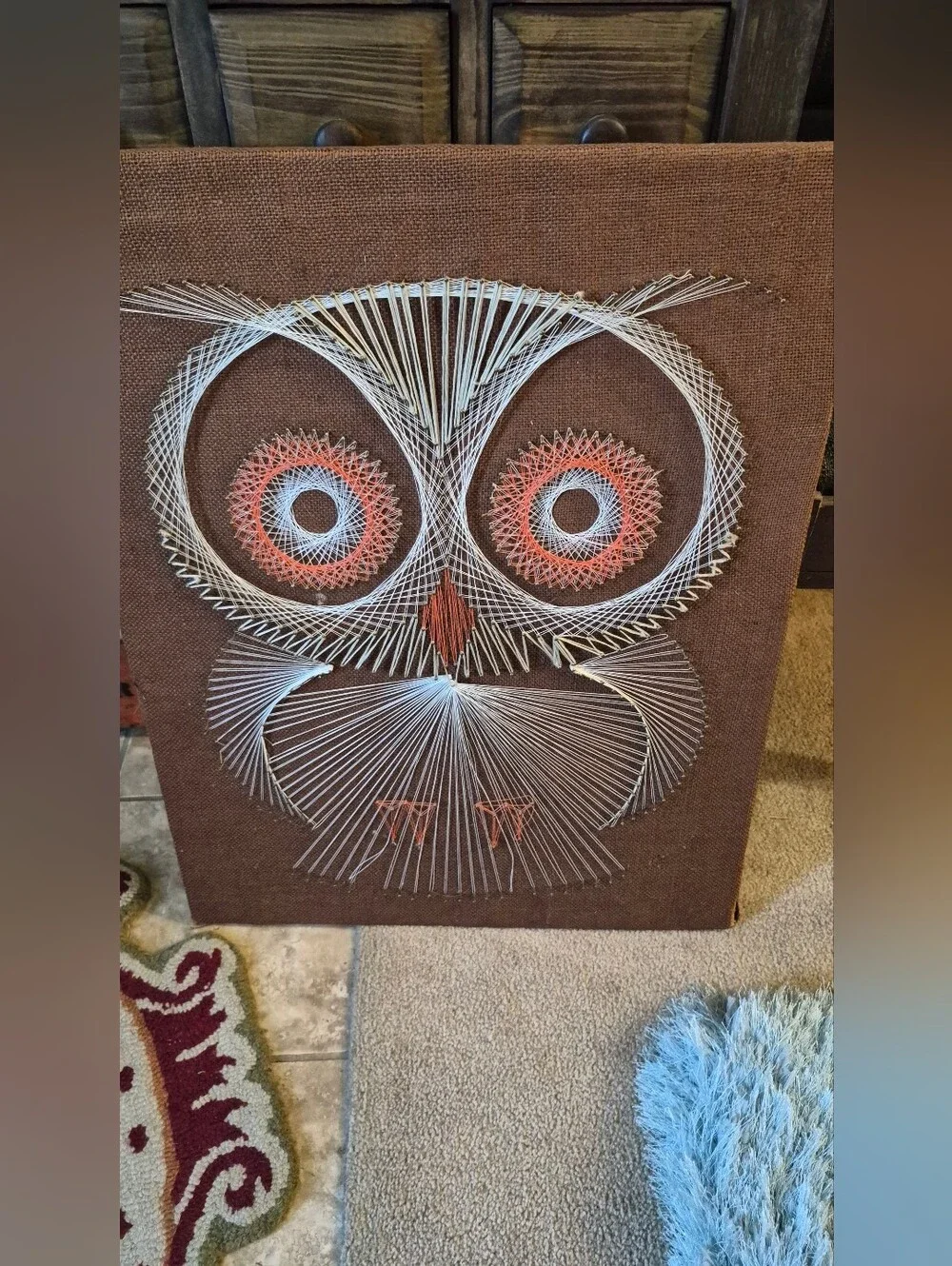 Handmade Owl String Art Wall Decor in White and Rust